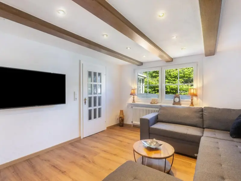 Wohnzimmer mit Fernseher und Holzbalkendecke, Deluxe Apartment