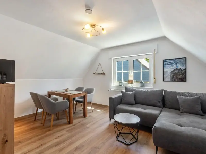 Wohn- und Essbereich mit Sofa und Esstisch unter der Dachschräge, Superior Apartment